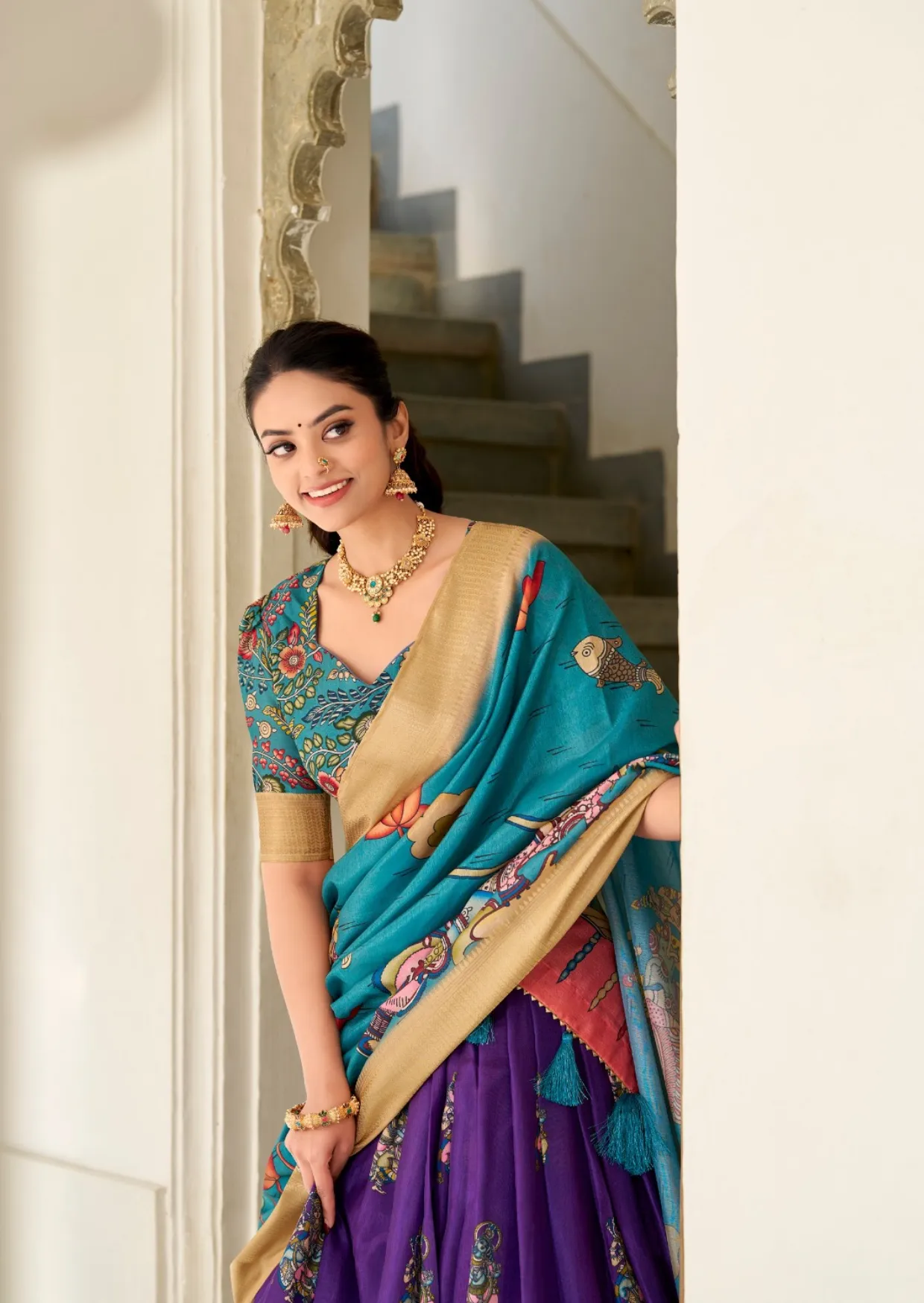 royal kalamkari dola silk lehenga set with zari weaving - yooneck