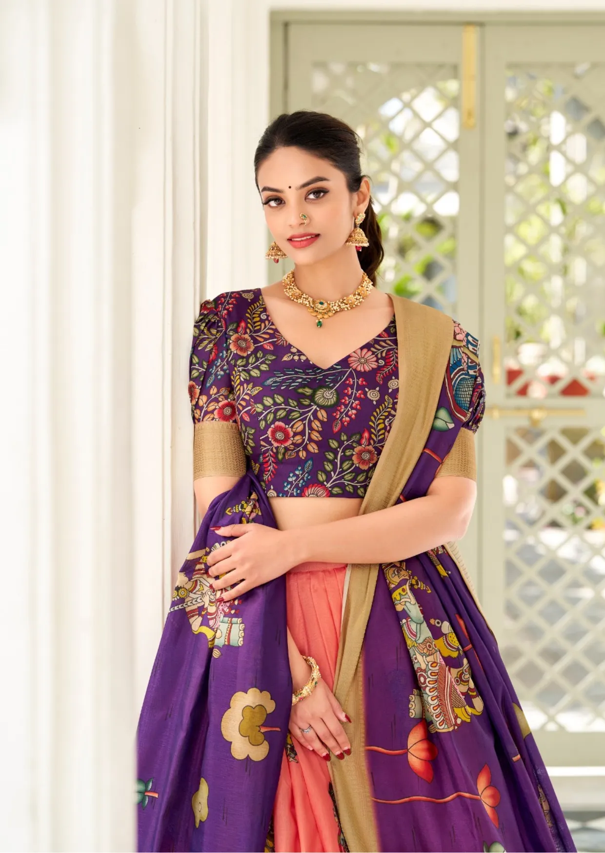 pink kalamkari dola silk lehenga set with zari border - yooneck