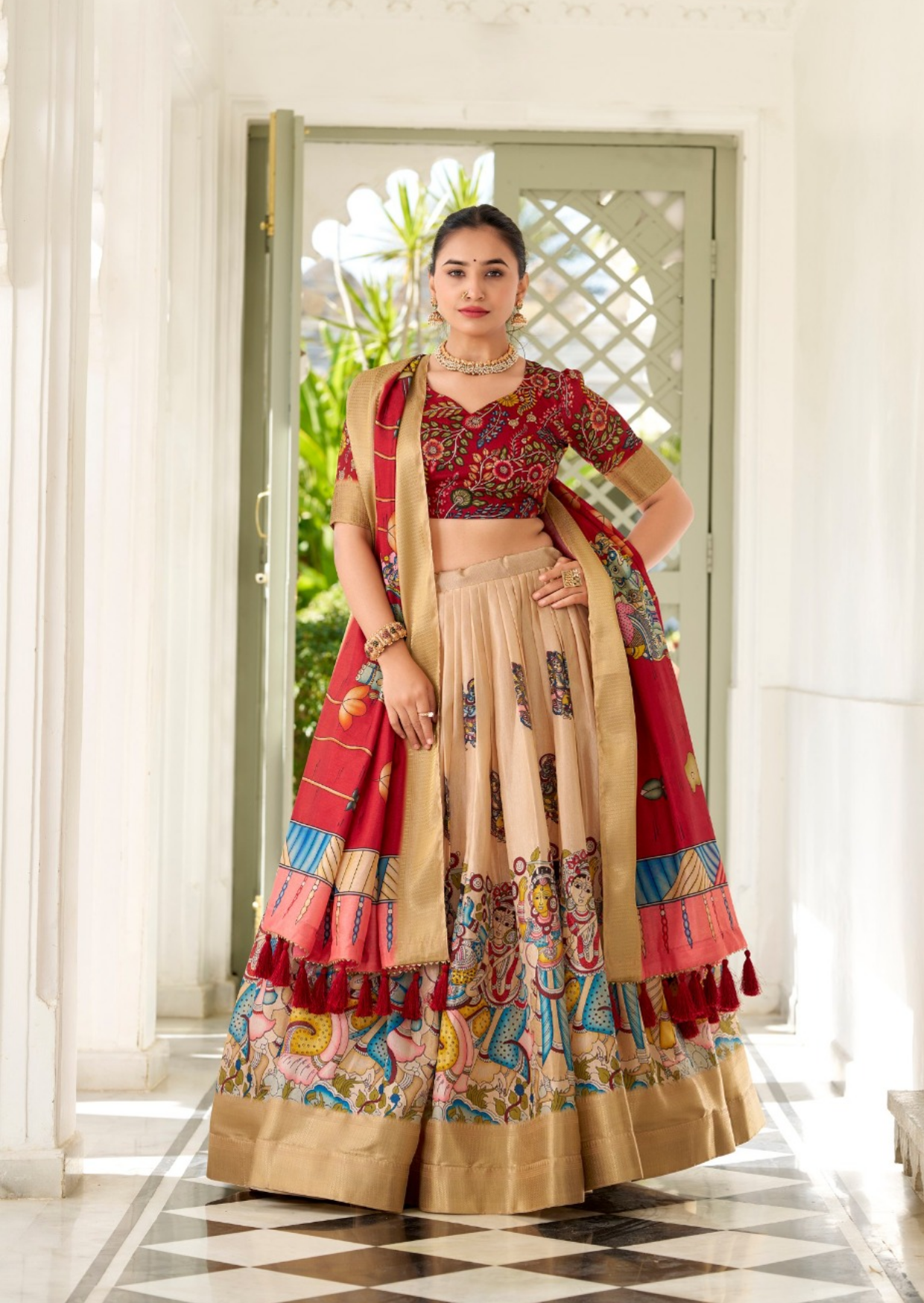 beige kalamkari dola silk lehenga set with zari weaving