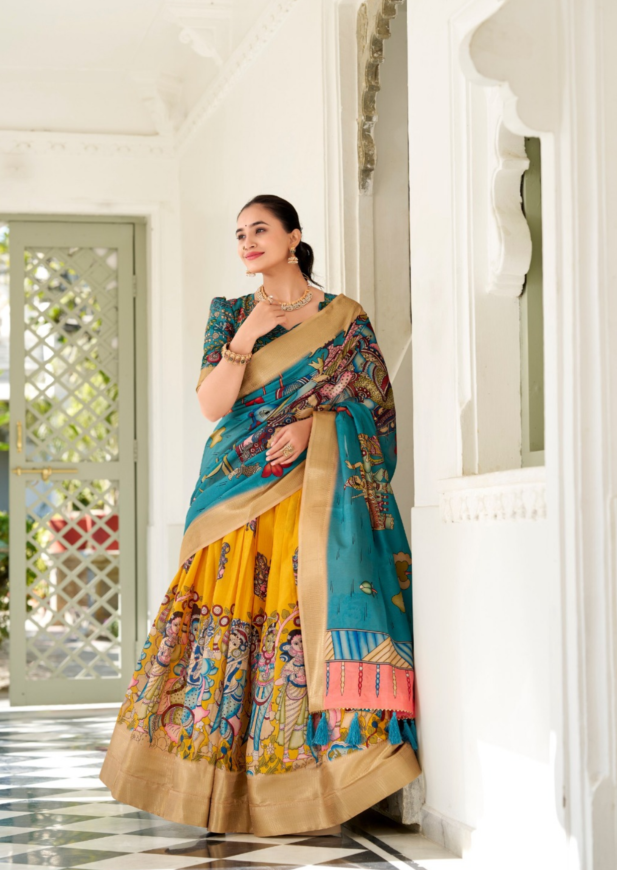 सनशाइन कलमकारी डोला सिल्क लहंगा सेट, जरी बुनाई के साथ