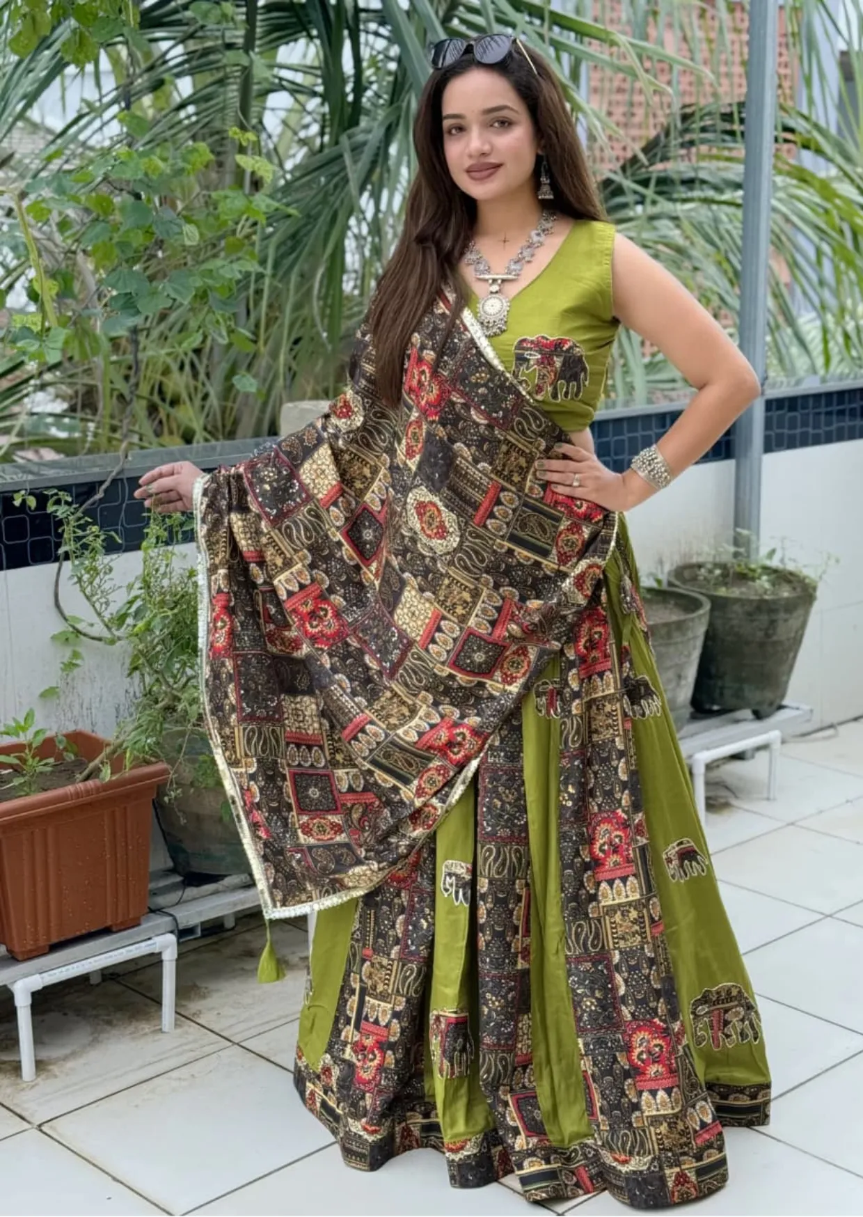 regal antique print pure reyon lehenga set with applique work - yooneck