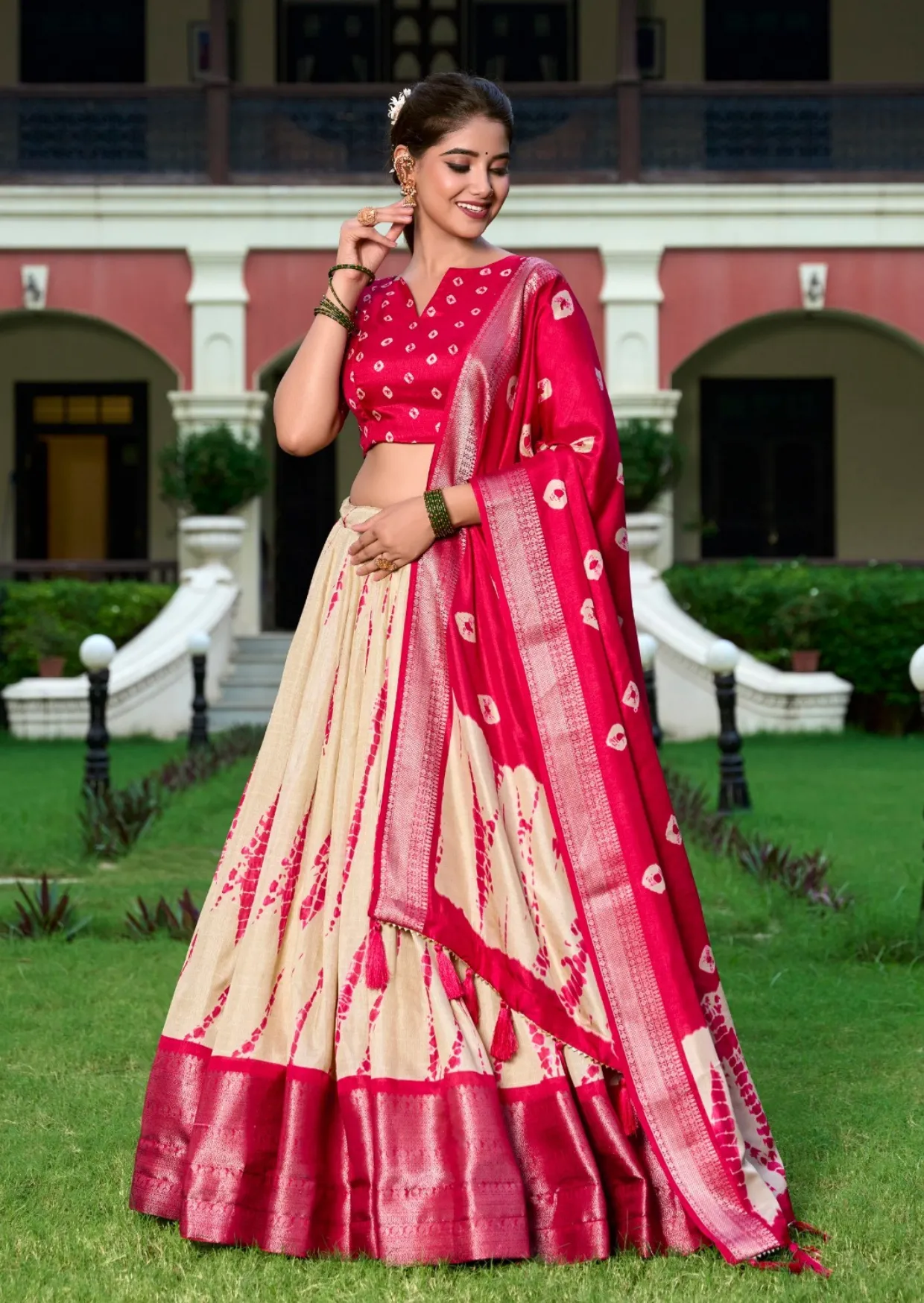 rasbhari shibori zari dola silk lehenga set - yooneck