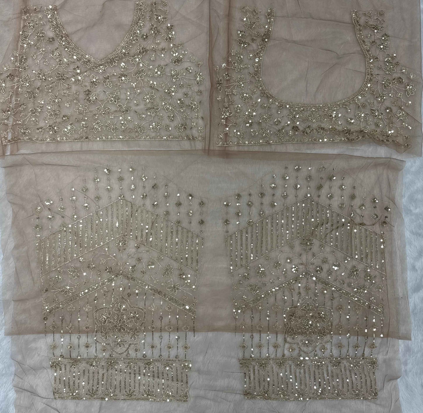 golden aura sequins embroidered net saree with designer blouse - yooneck
