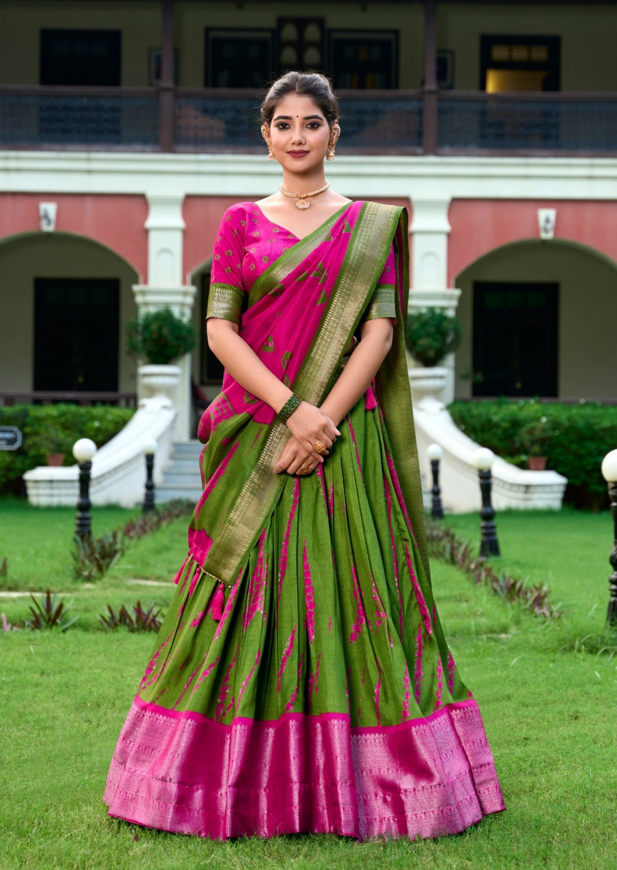 parijat hara gulabi shibori zari dola silk lehenga set