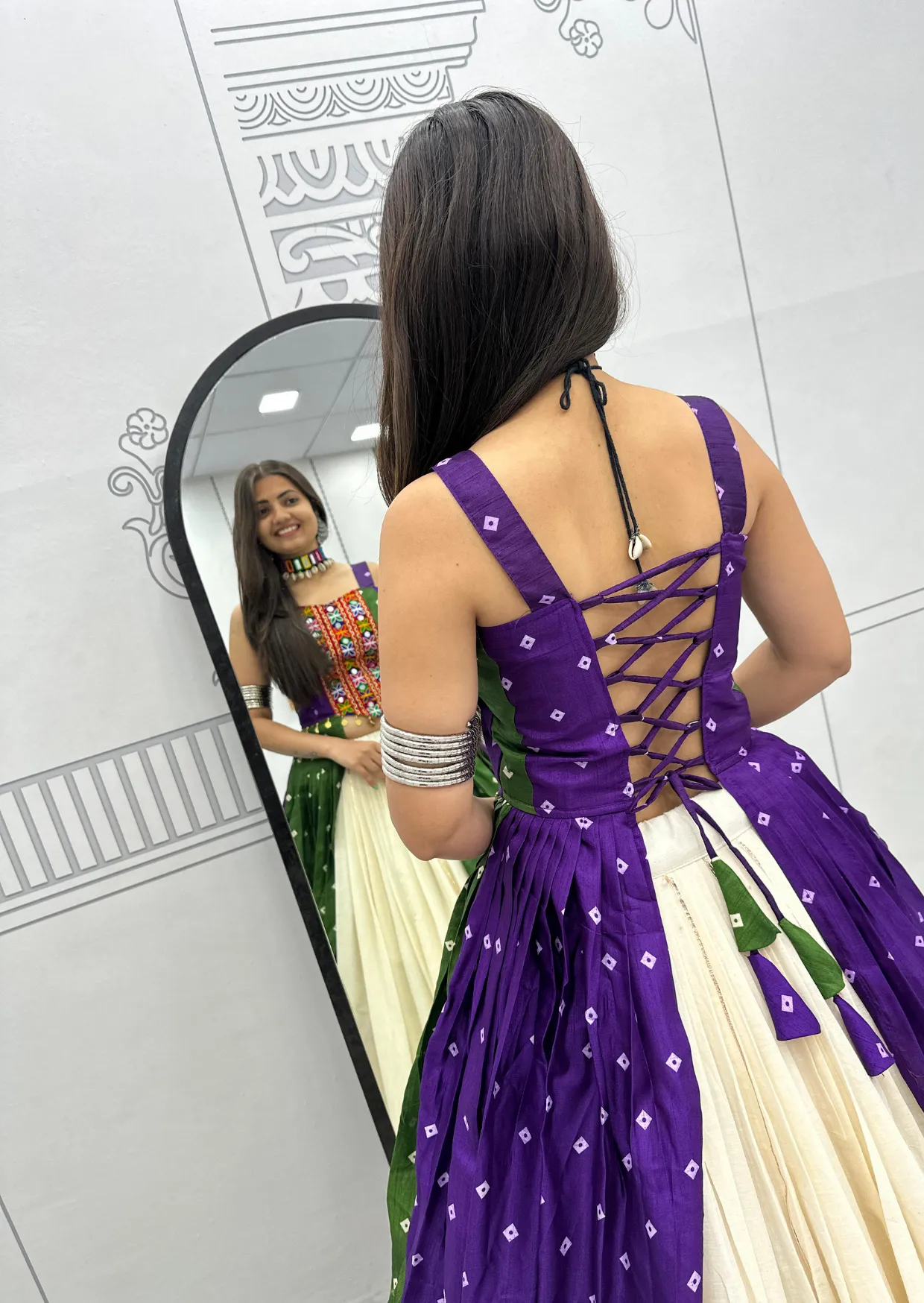 rangvilas bandhej gamathi mirror work khadi cotton garba dress - yooneck