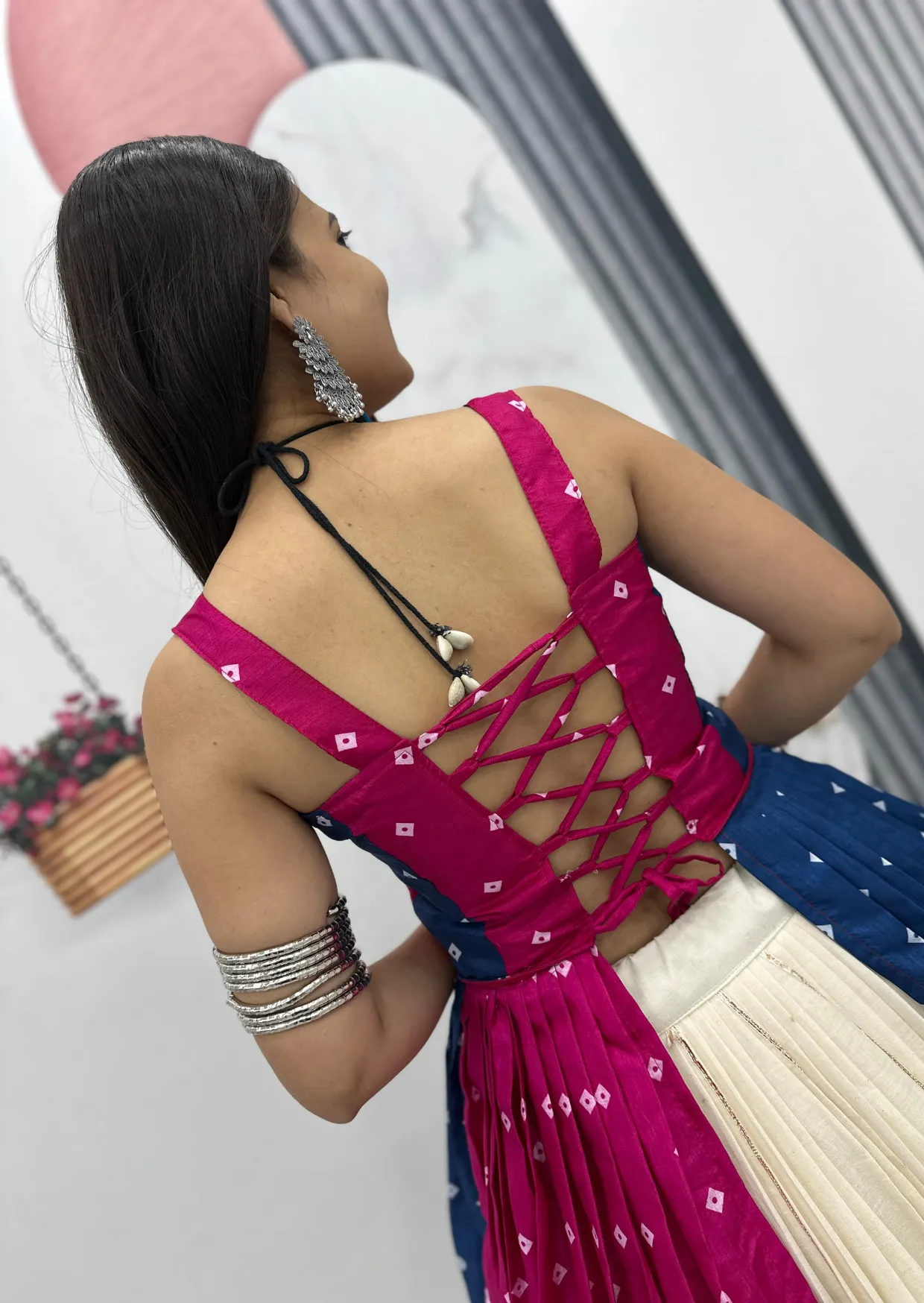 rangtaal bandhej gamathi mirror work khadi cotton garba dress - yooneck
