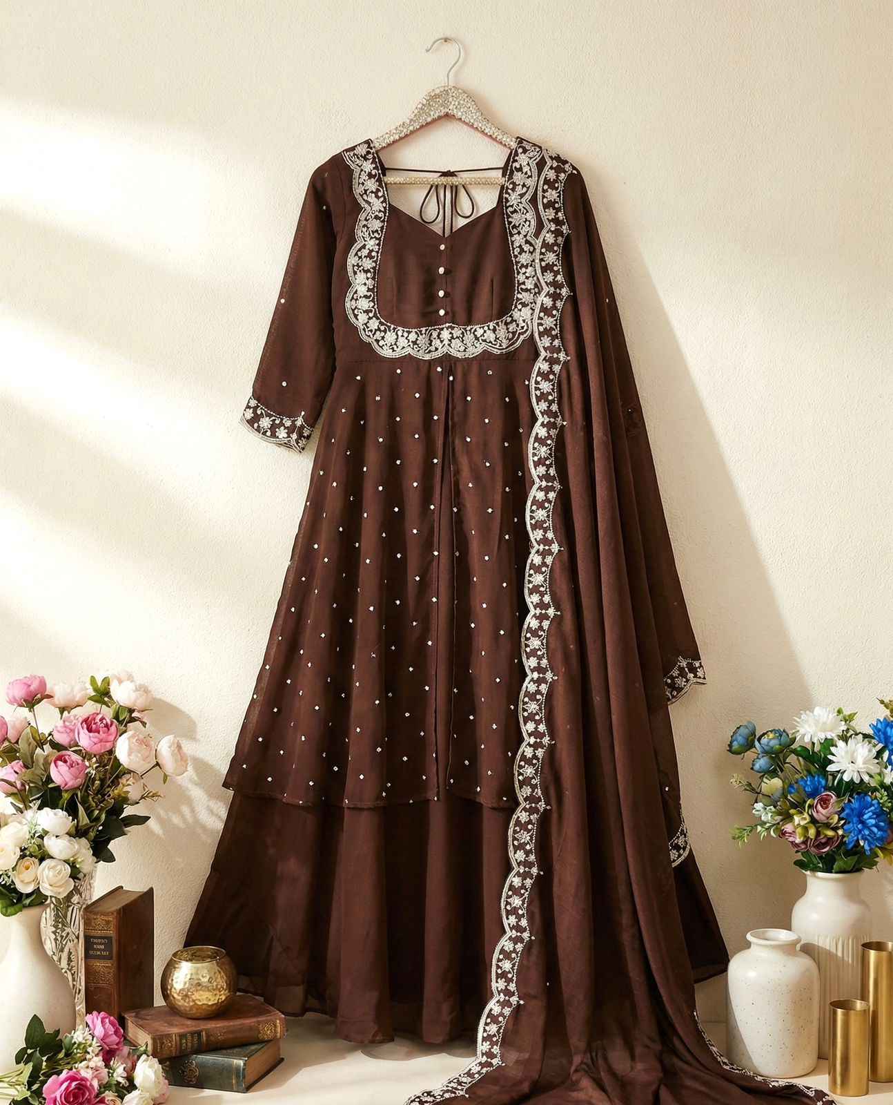 aarvika rust zari festive cape set - yooneck
