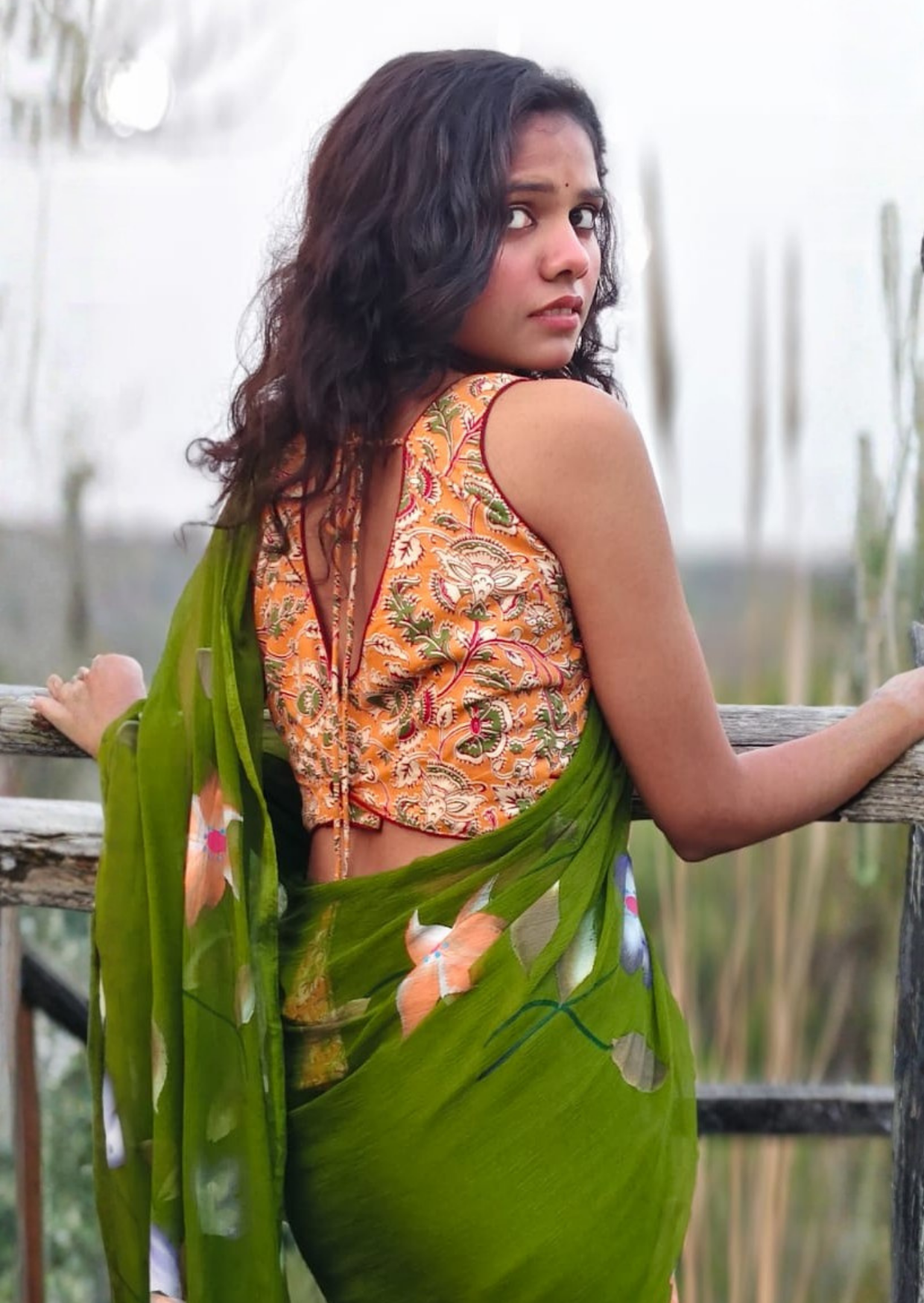verdant bloom pure chiffon handpainted saree