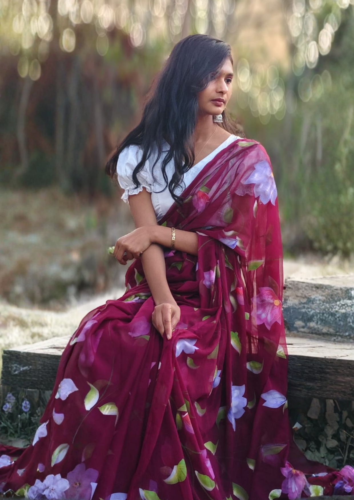 rose petal pure chiffon handpainted saree