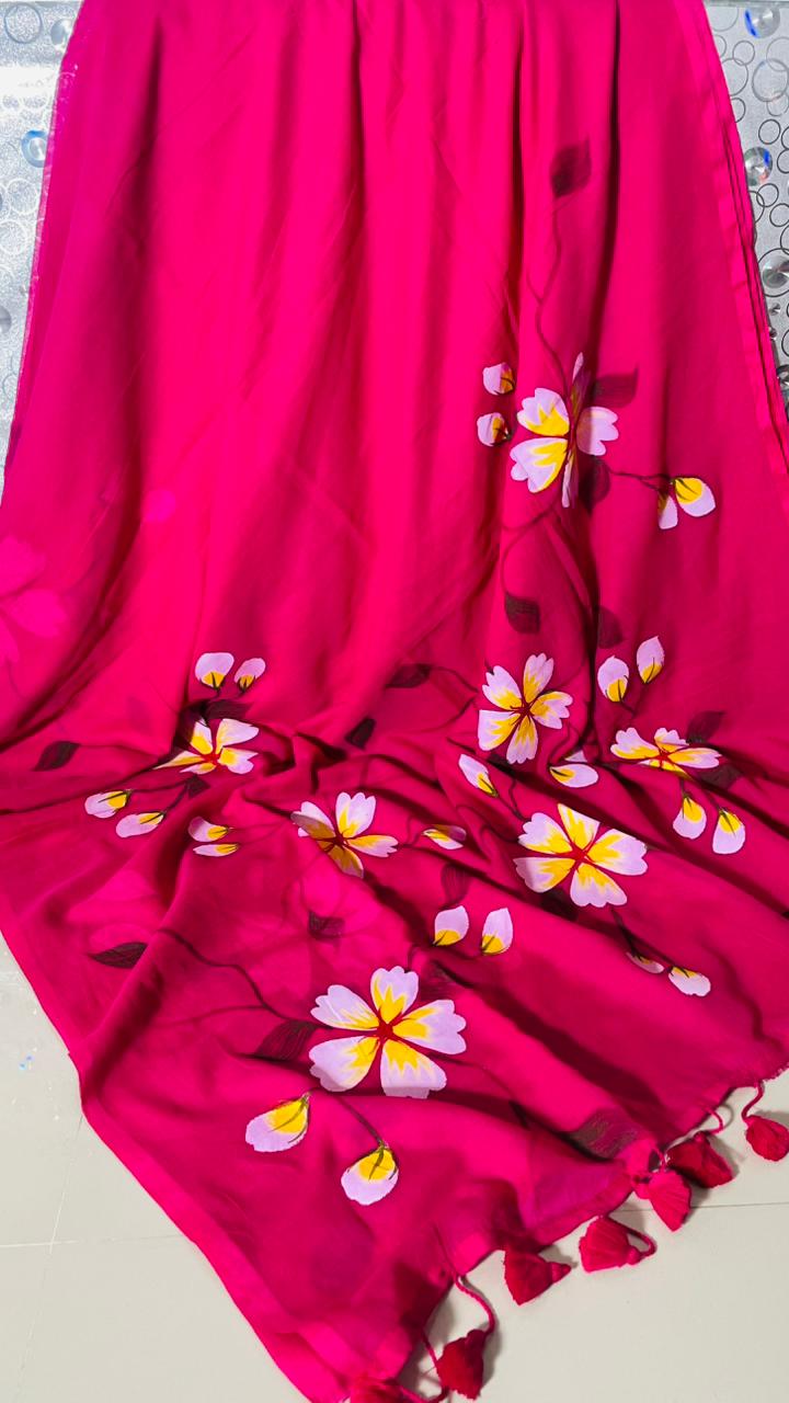 rani bloom premium mull cotton handprint saree