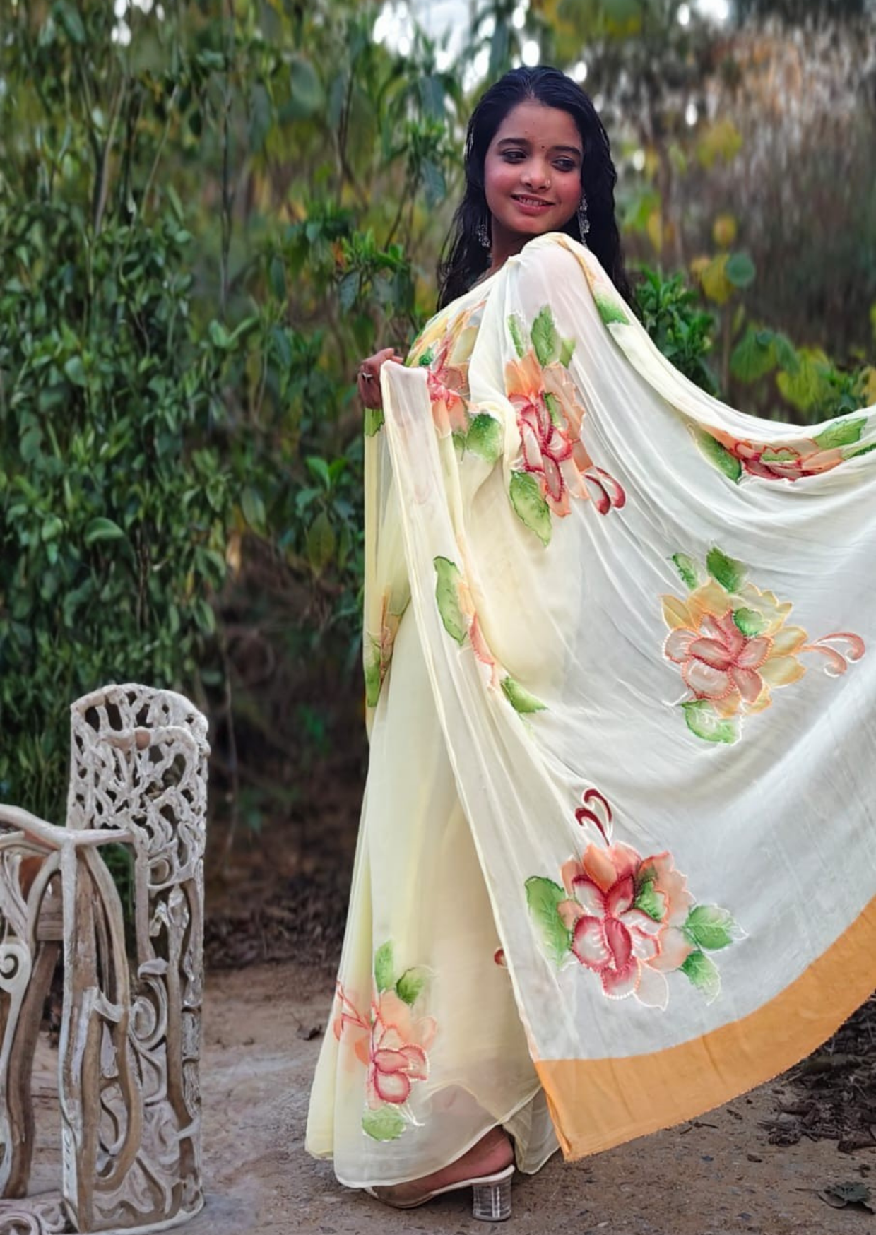 buttercream bloom pure chiffon handpainted saree