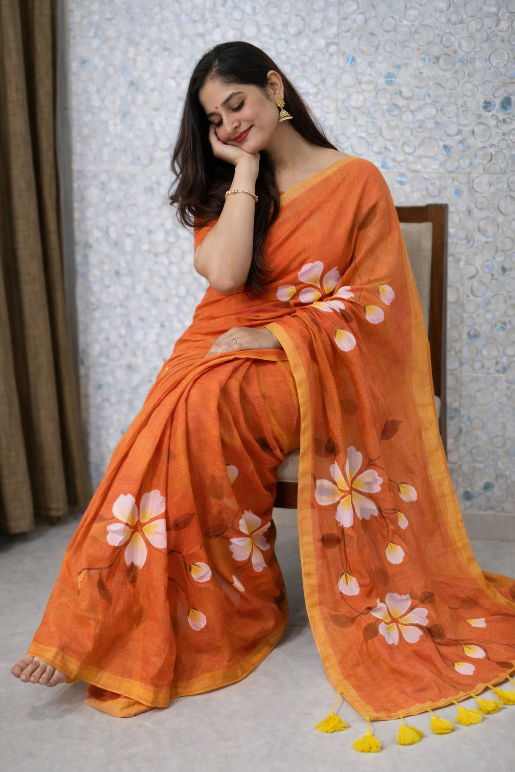 sunset bloom premium mull cotton handprint saree