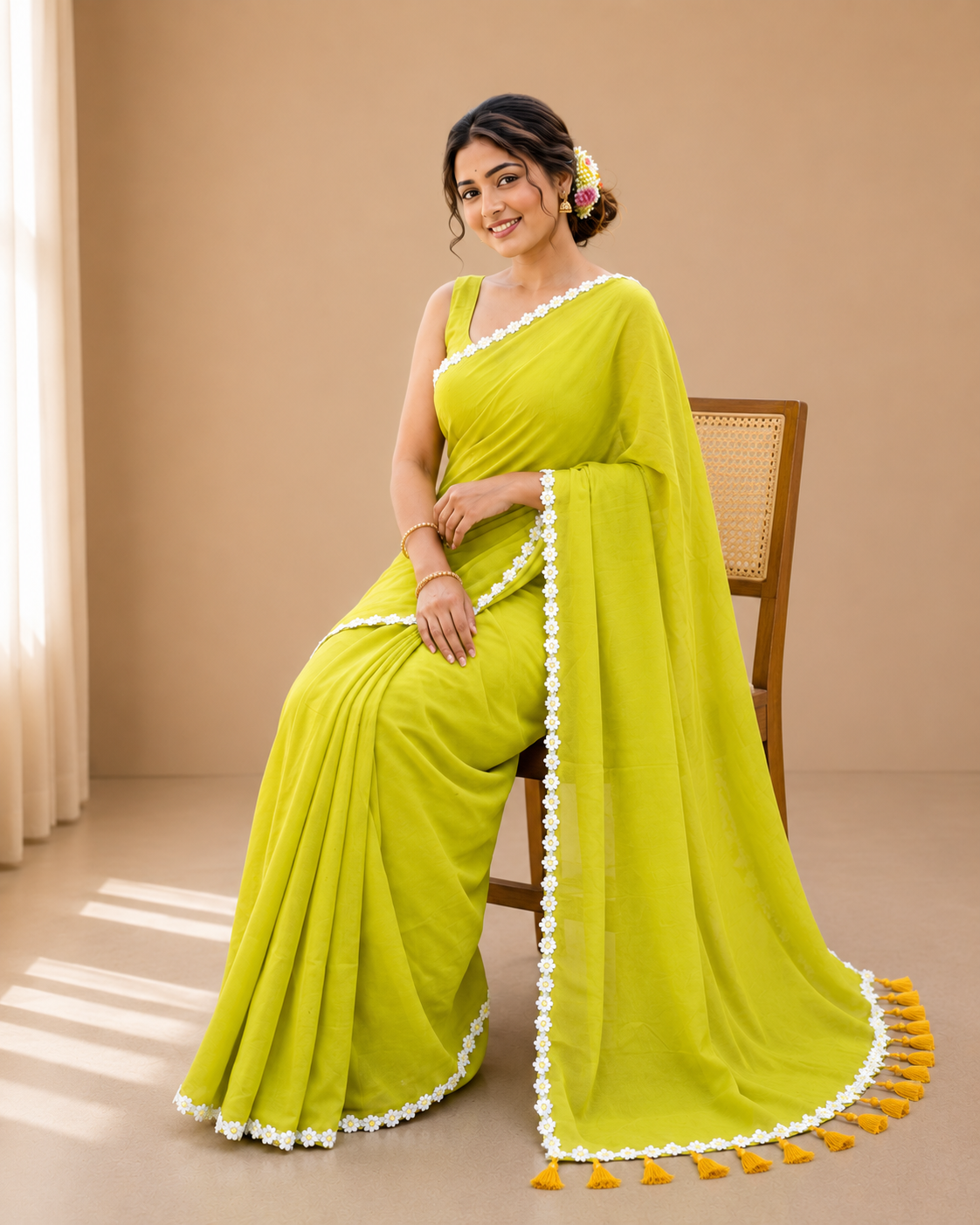 sargam lime green mul cotton saree with floral lace border