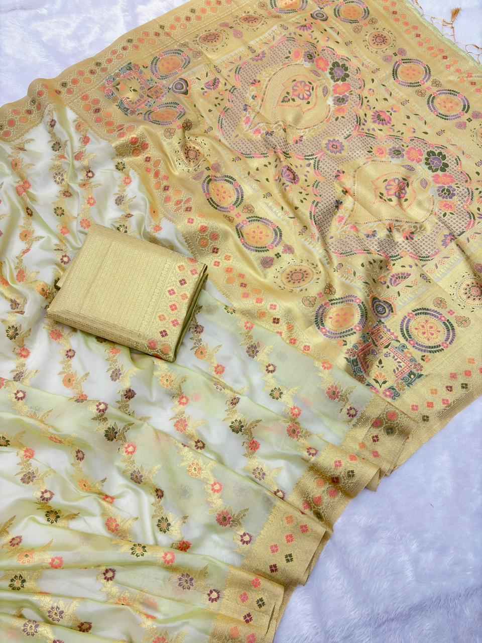 sunehri kanchan kora silk zari woven saree - yooneck