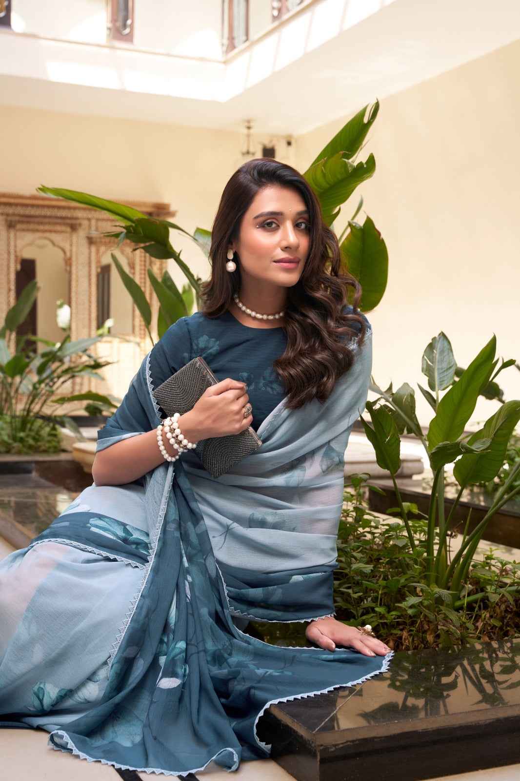 ocean breeze floral soft georgette saree - yooneck