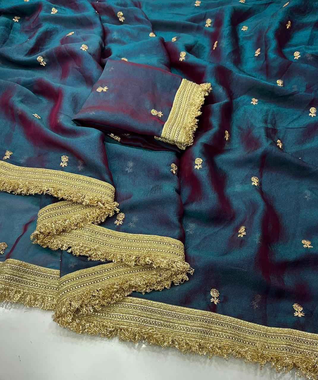 midnight teal space satin sequin embroidered saree - yooneck