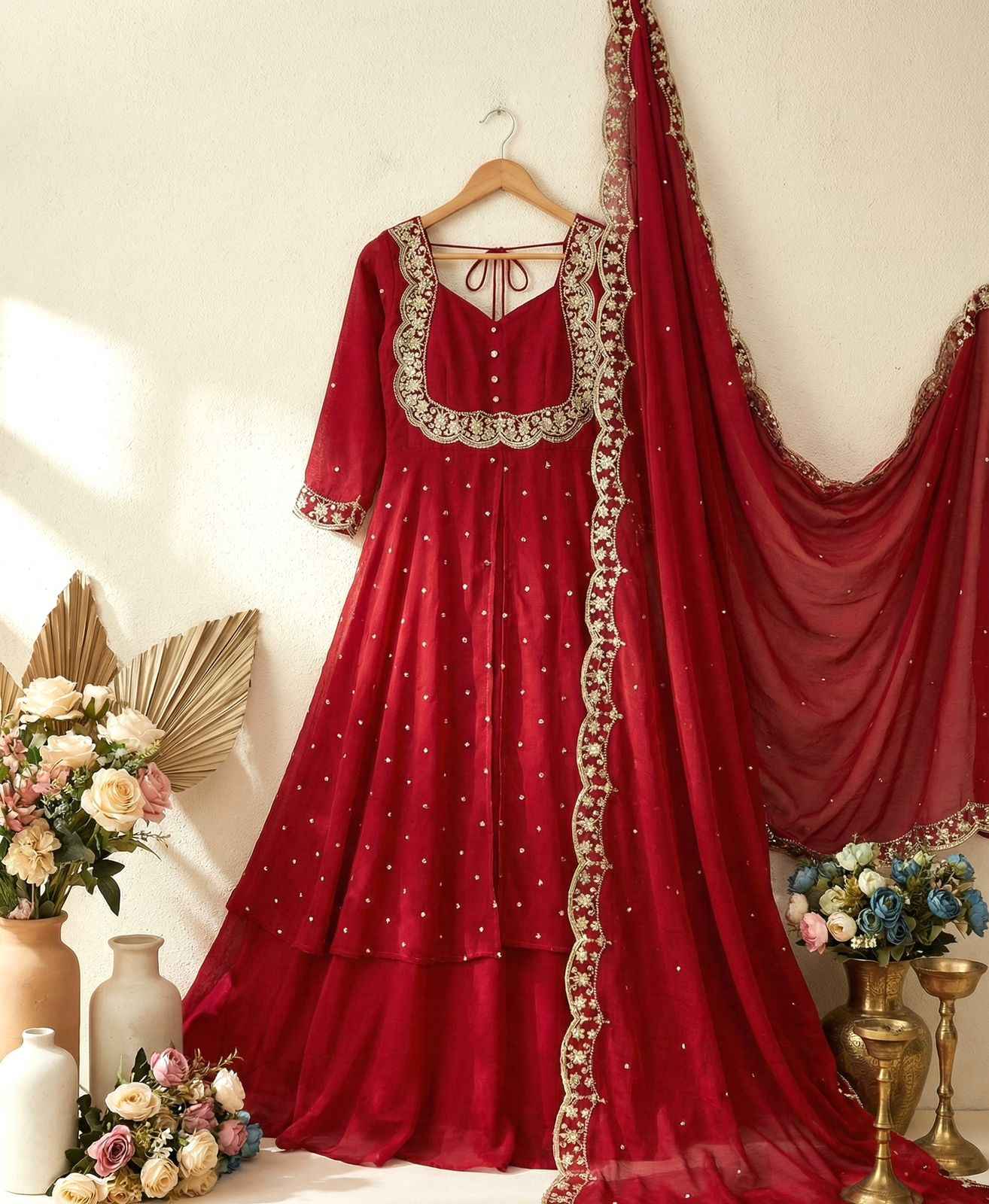zoya crimson zari festive cape set - yooneck