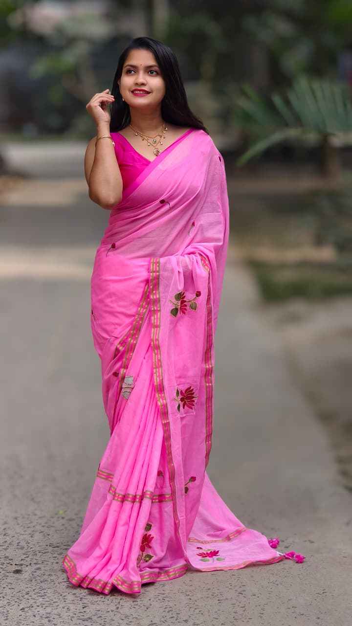 blush bloom mul cotton embroidered saree - yooneck