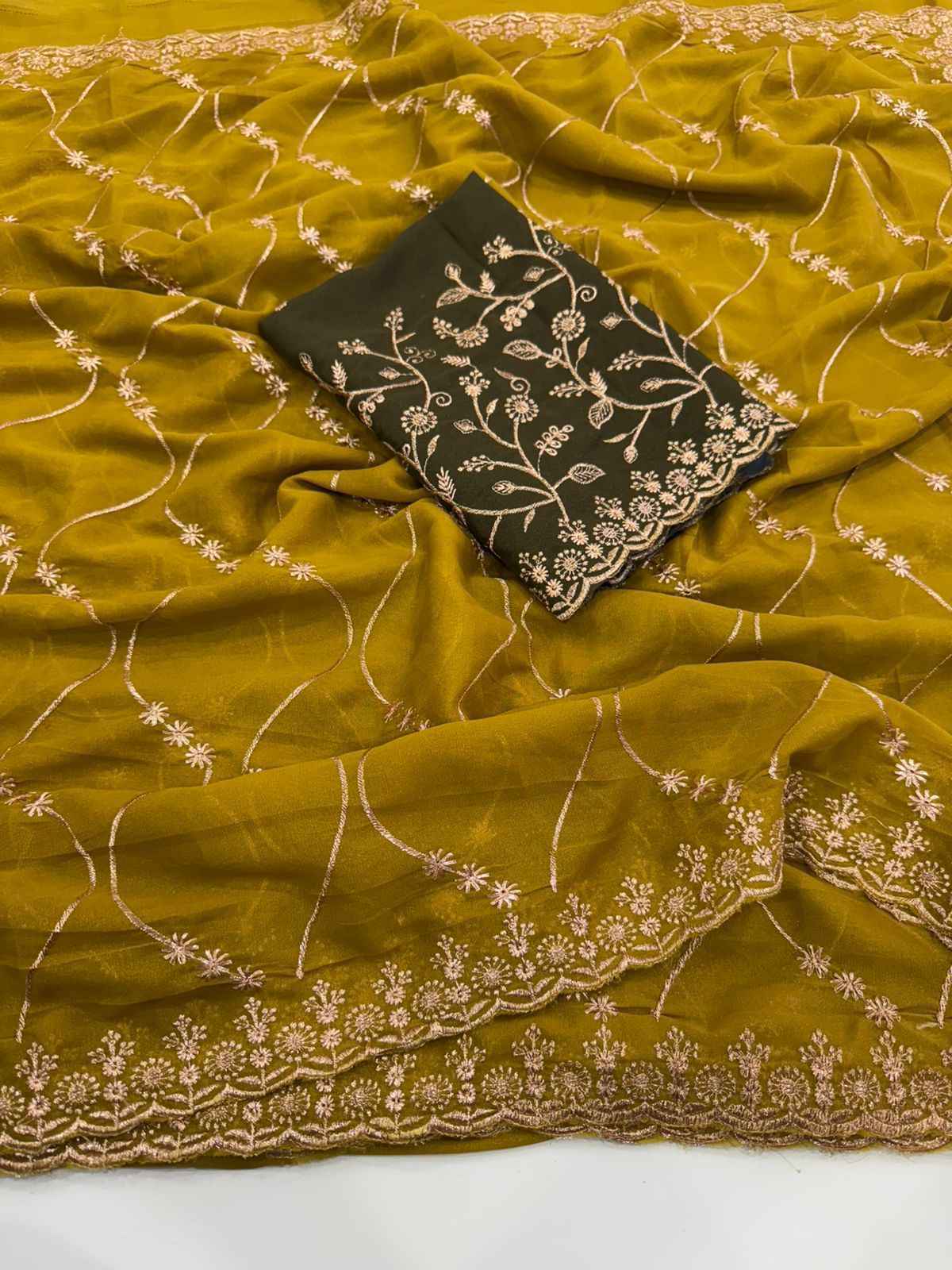 mustard regal georgette embroidered saree - yooneck
