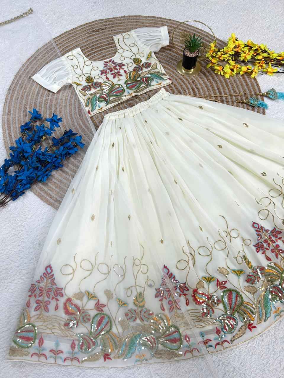 ivory blossom kids embroidered lehenga set - yooneck