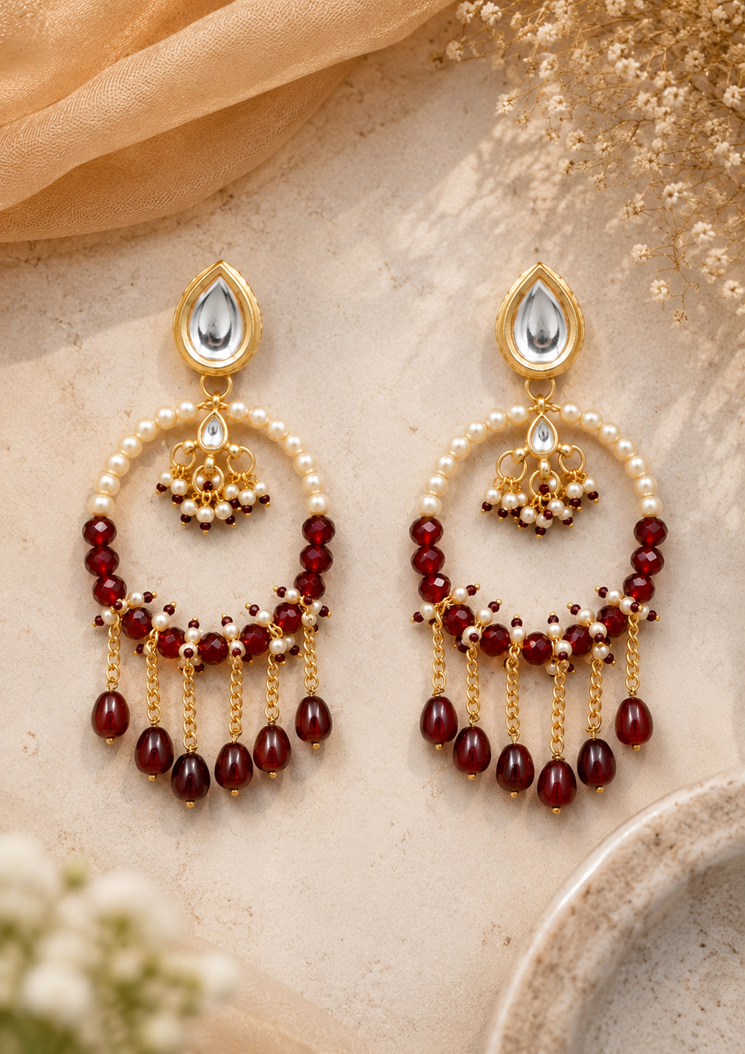 ruby red pearl chandbali earrings