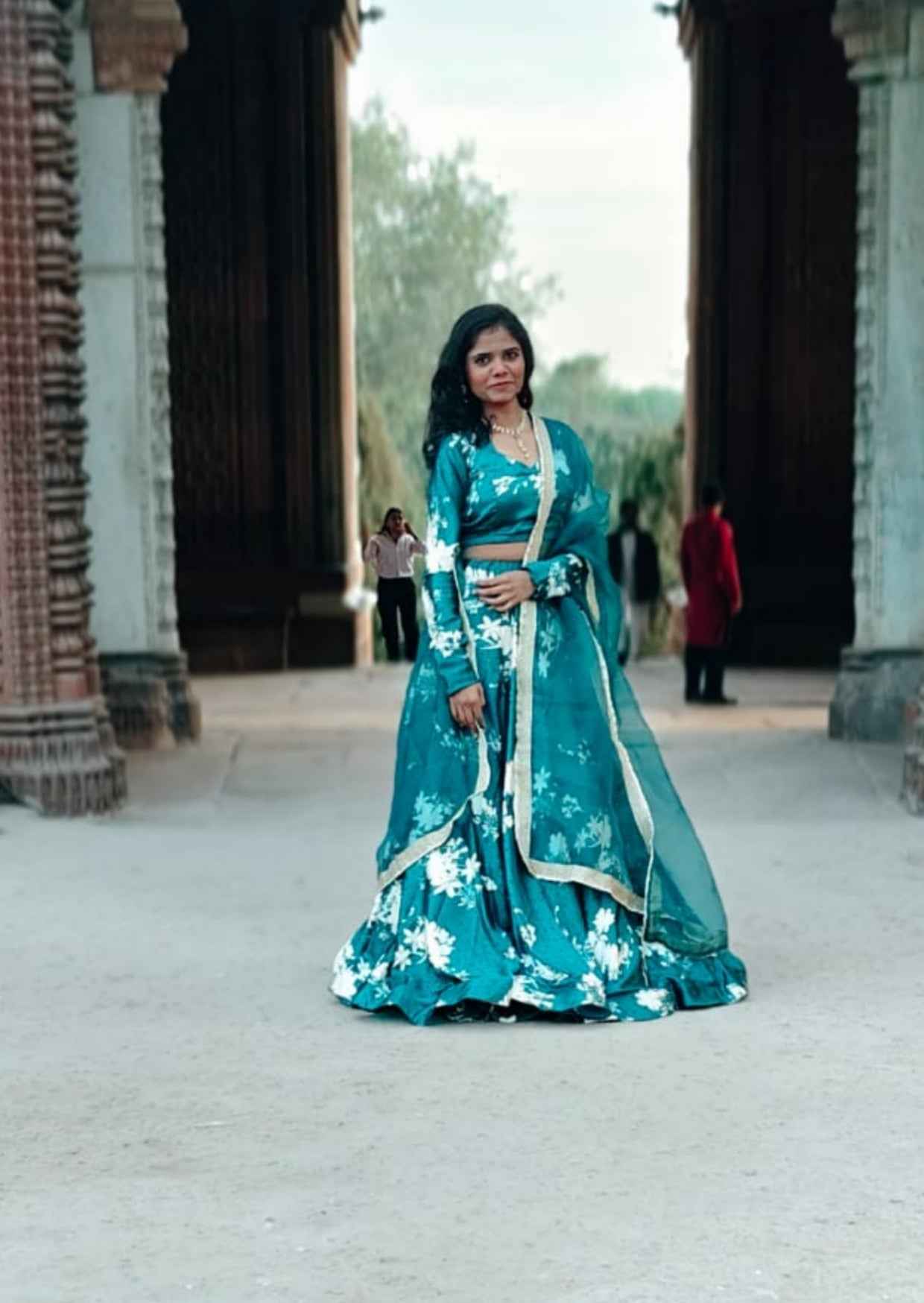 emerald bloom satin lehenga set - yooneck