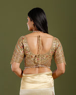 golden tissue weave saree with resham, zardozi, cutdana & embroidery work