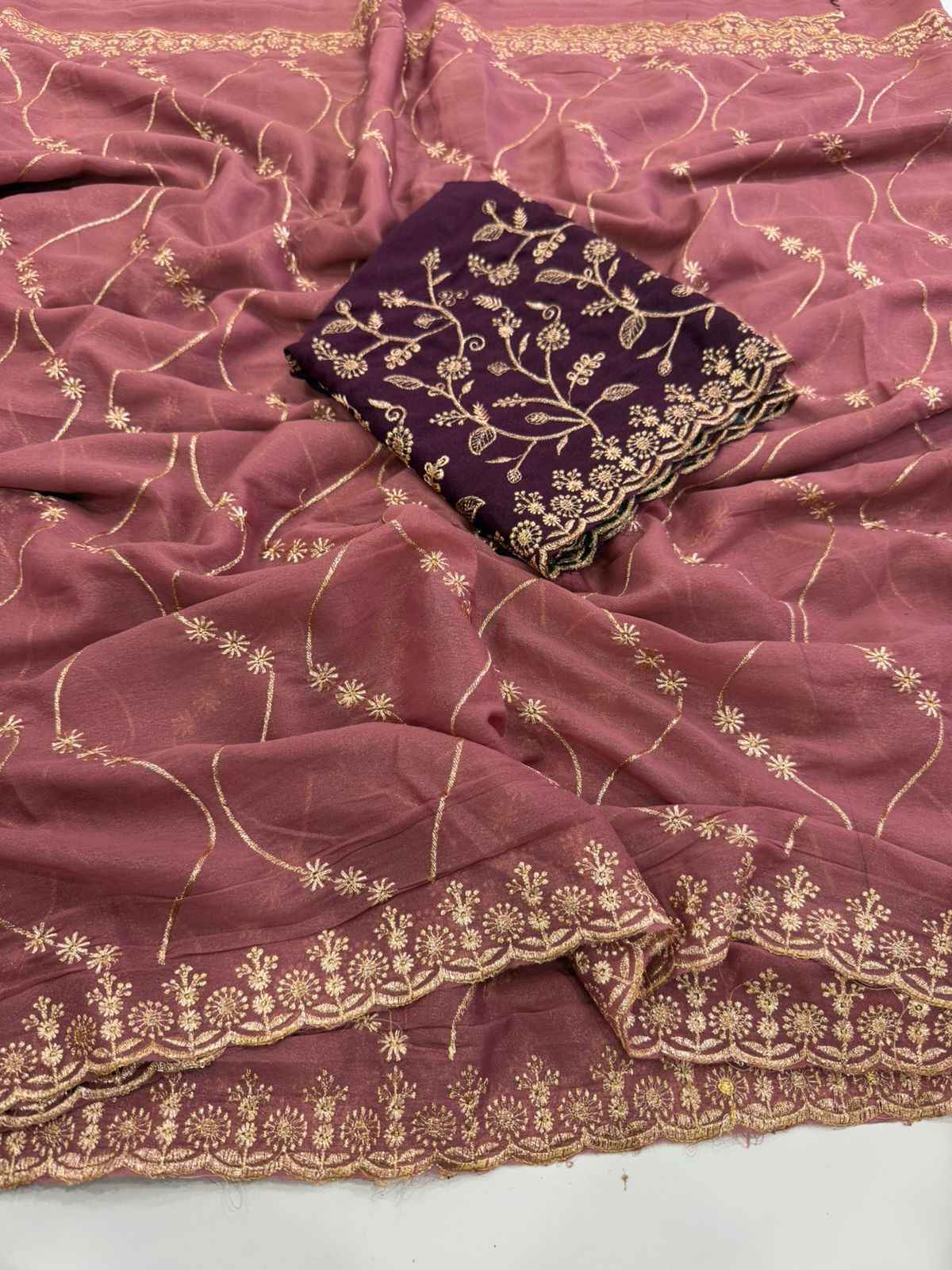 crimson royale georgette multi embroidery saree - yooneck