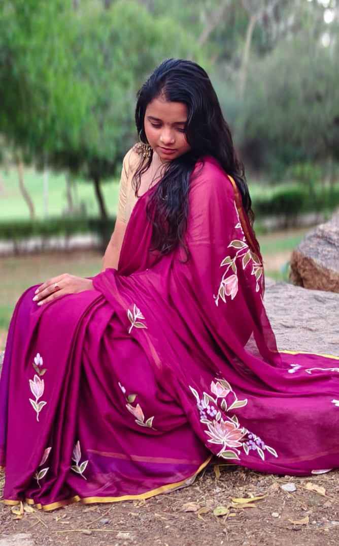 gulbahar handpainted chiffon saree - yooneck