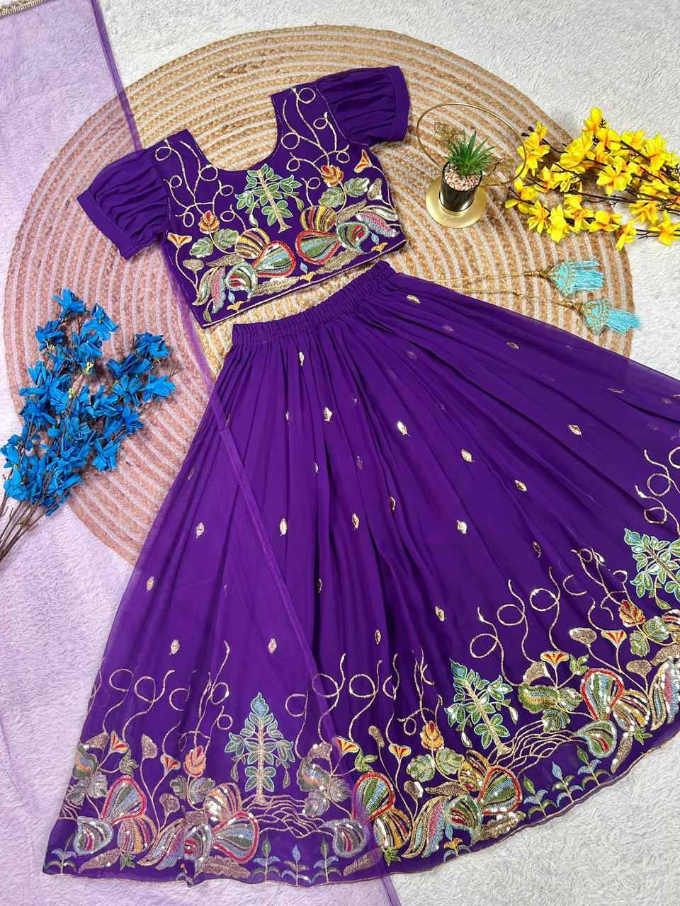 royal amethyst kids embroidered lehenga set - yooneck