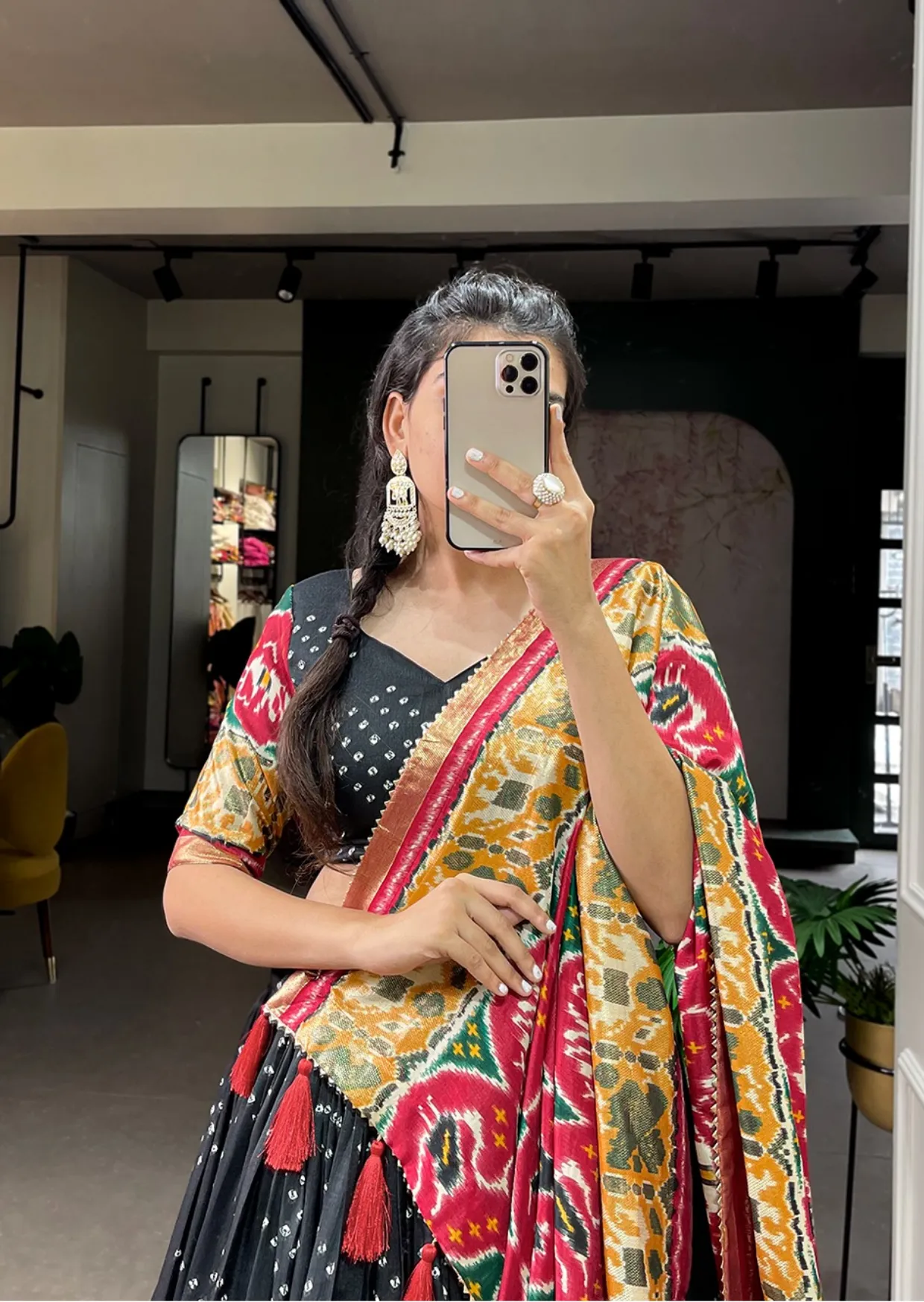 patola foil print tasar silk lehenga set - yooneck