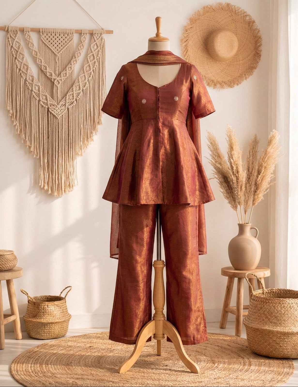 rust radiance cosmos tissue peplum co-ord set - yooneck