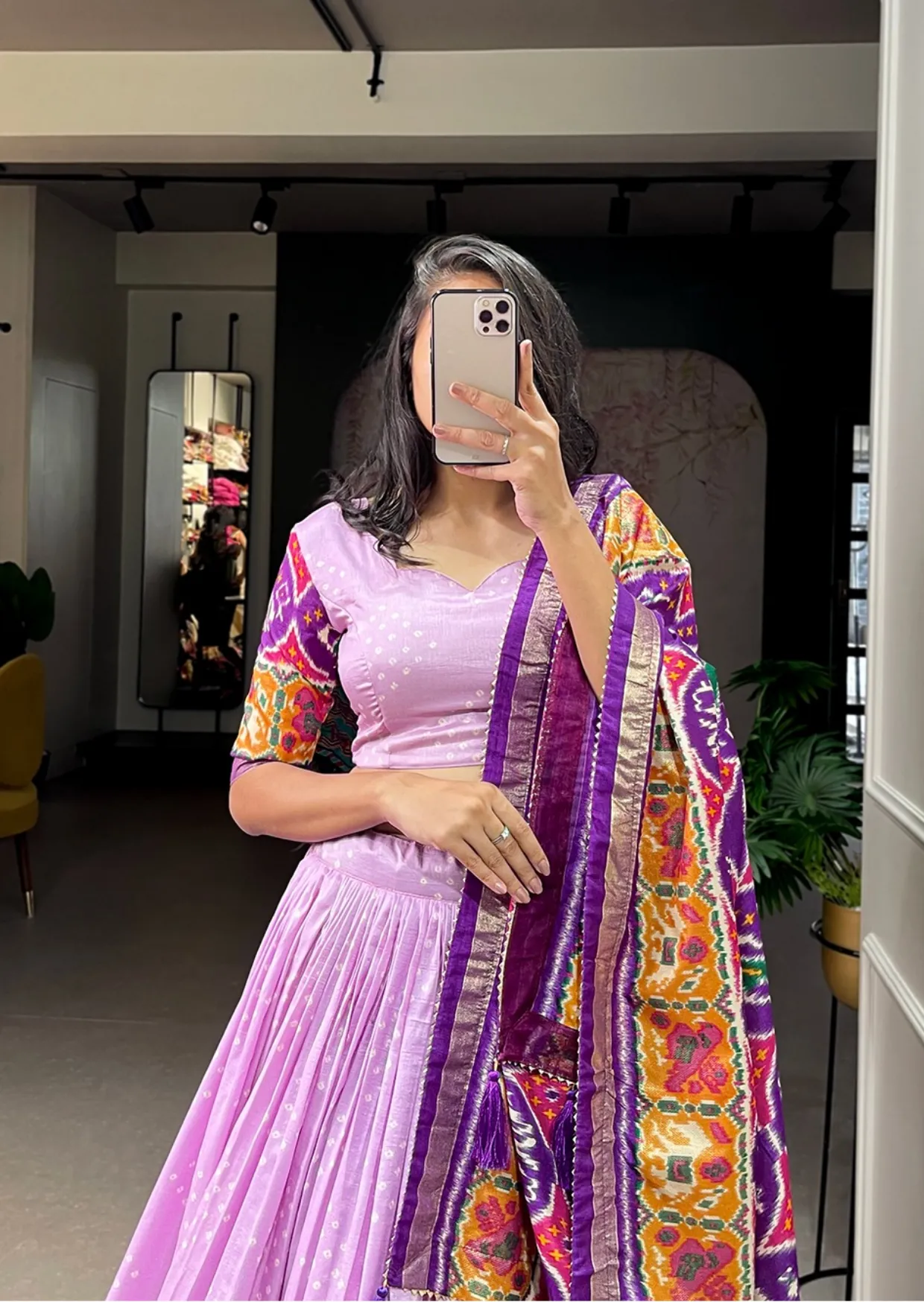 lilac patola foil print tasar silk lehenga set - yooneck