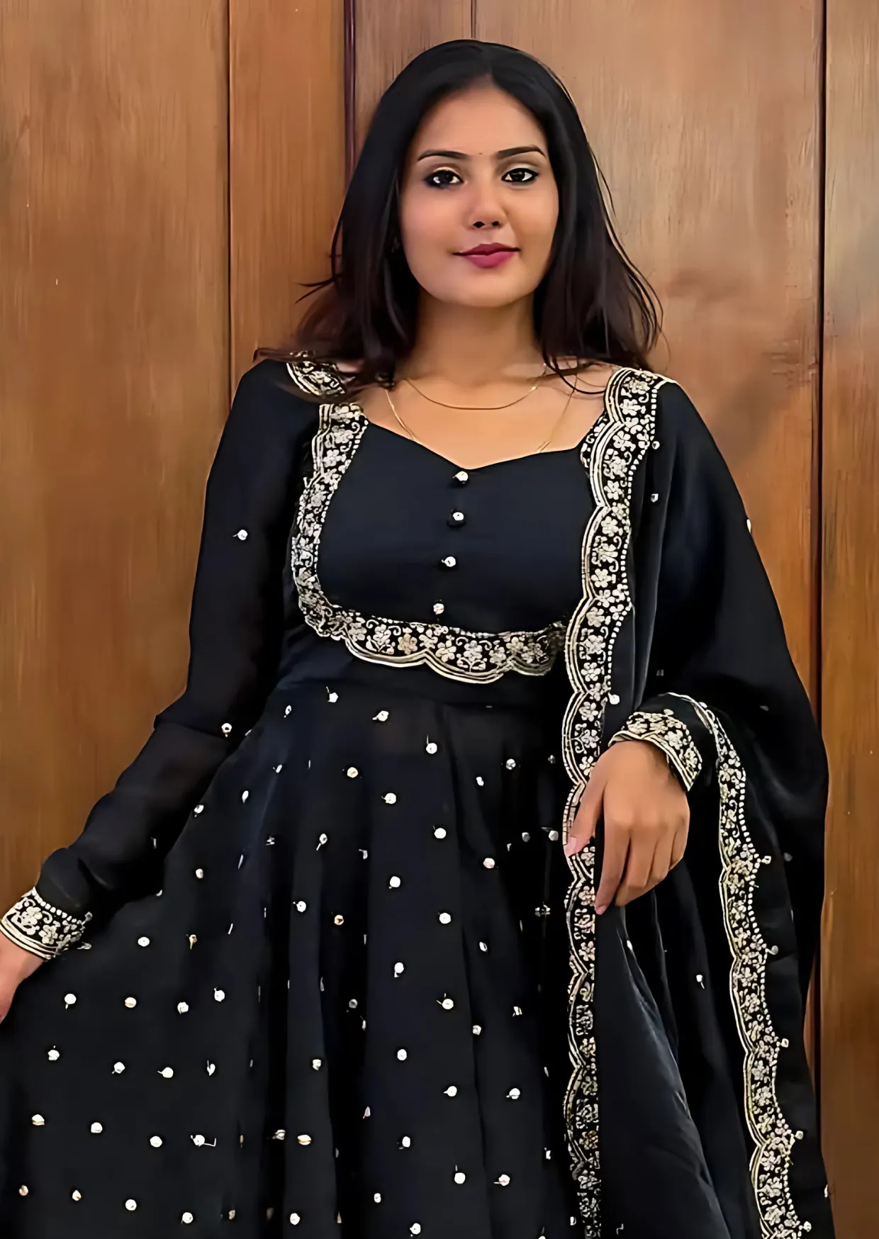 black chitra silk embroidered cape anarkali suit set - yooneck