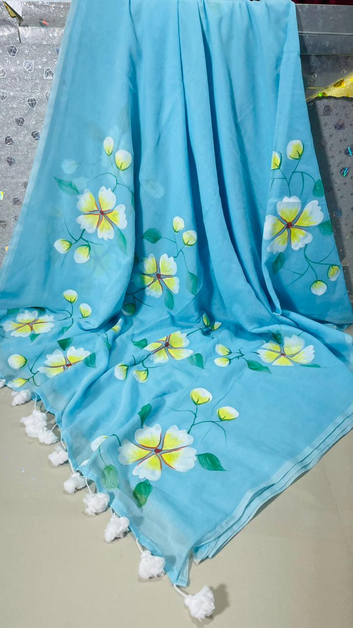sky blossom premium mull cotton handprint saree