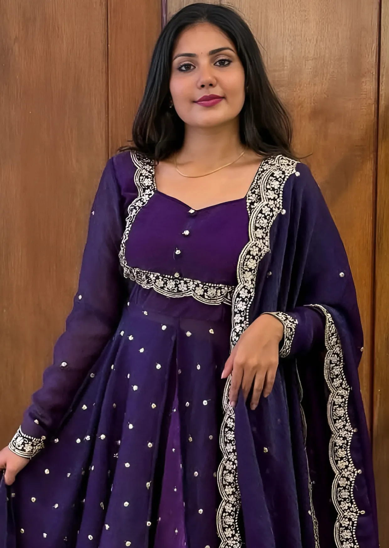 royal purple silk embroidered cape anarkali suit set - yooneck