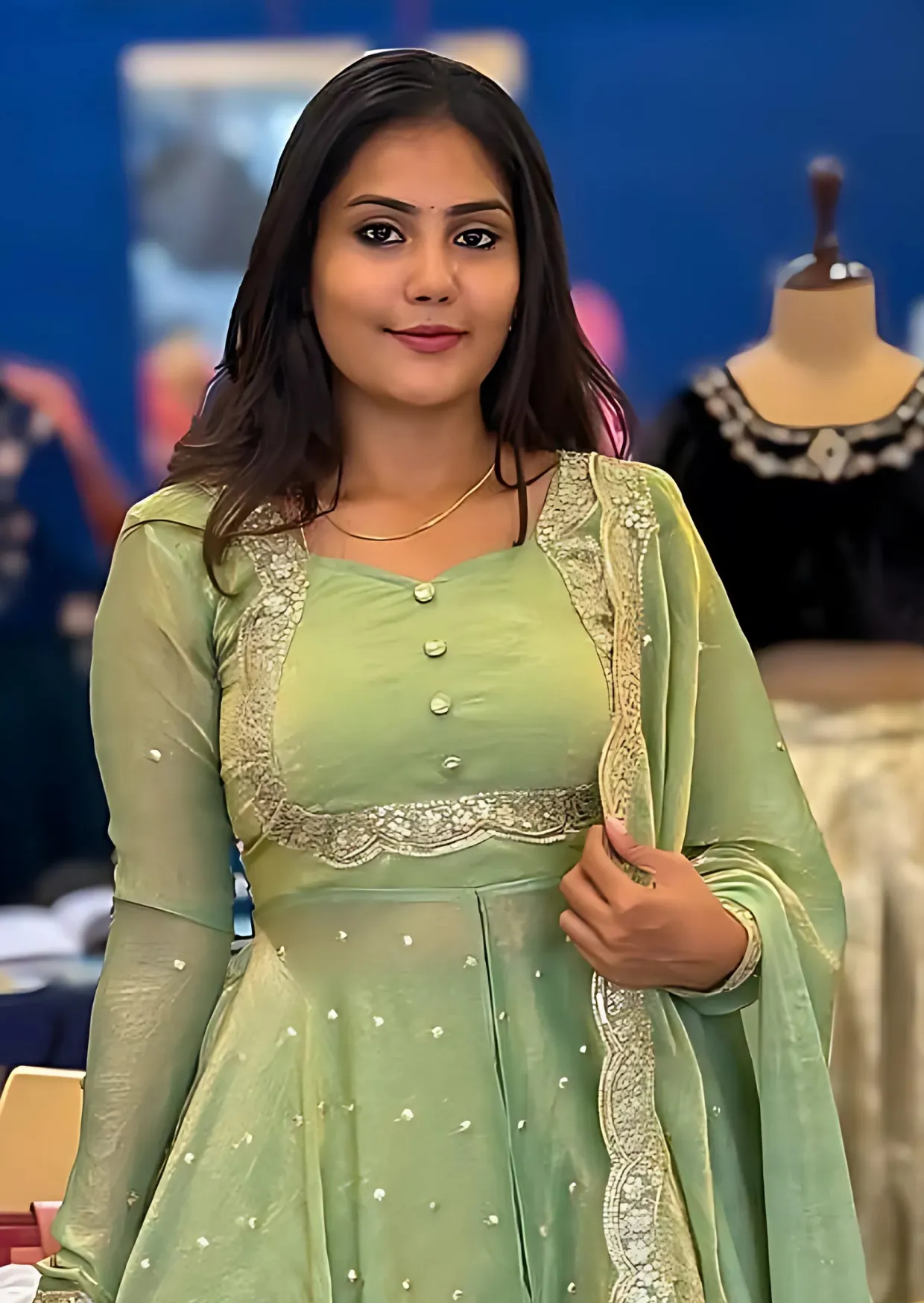 pastel green vichitra silk embroidered cape anarkali suit set - yooneck