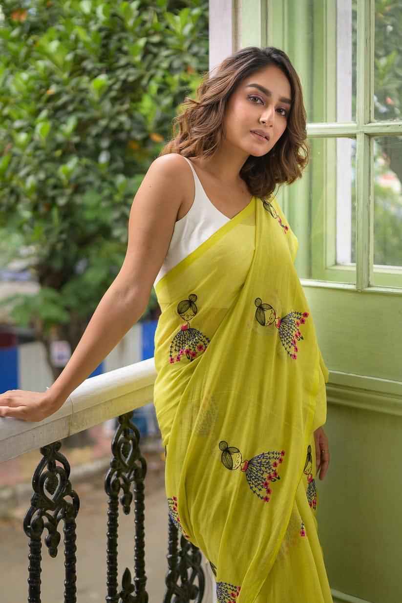 gulnaar lime handcrafted mulmul cotton saree - yooneck