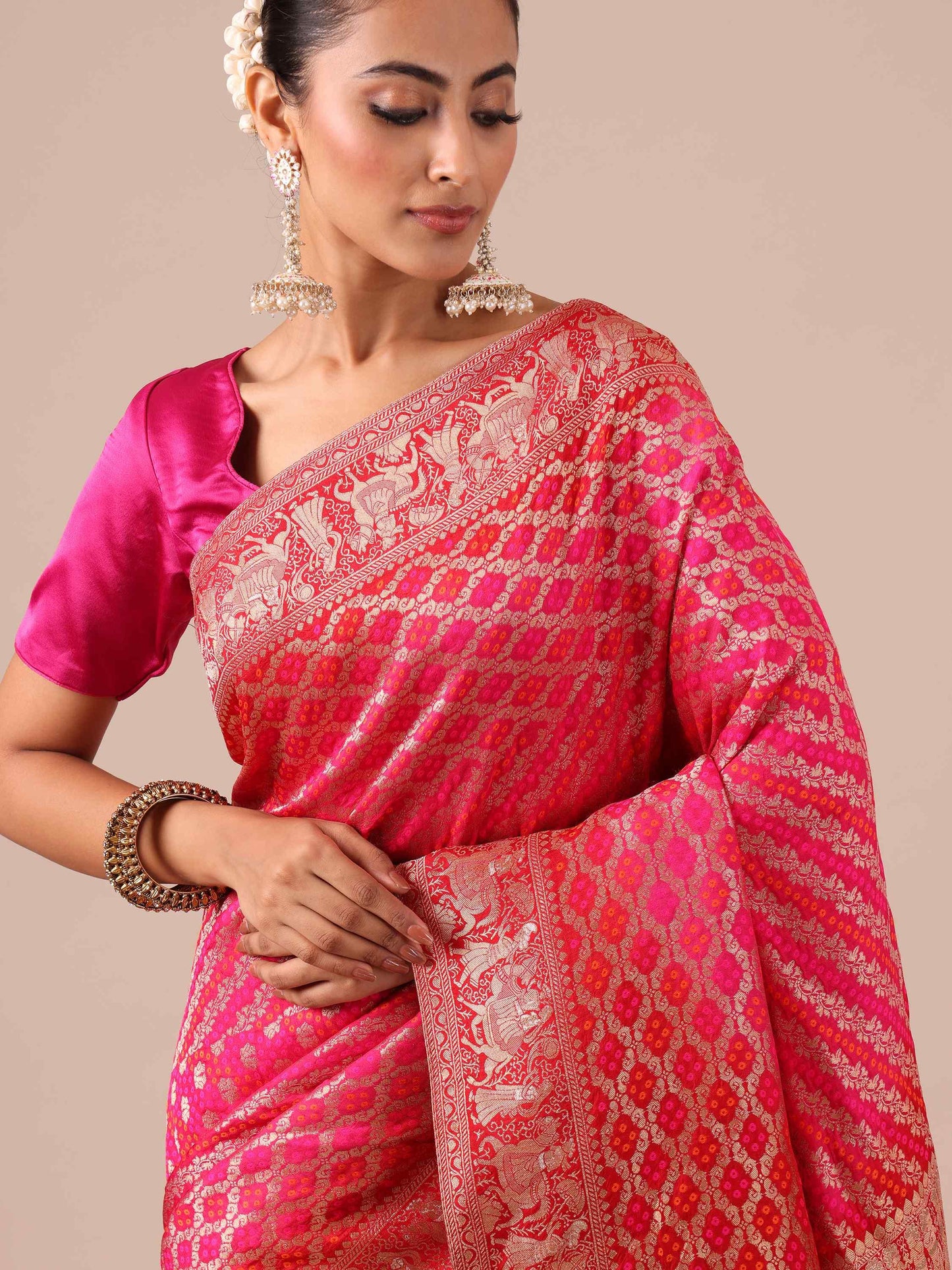 rani color dola silk saree with unstitched red blouse