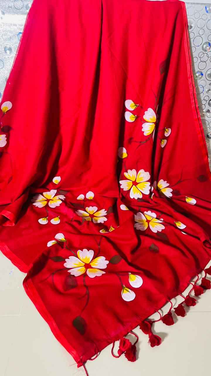 scarlet blossom premium mull cotton handprint saree - yooneck