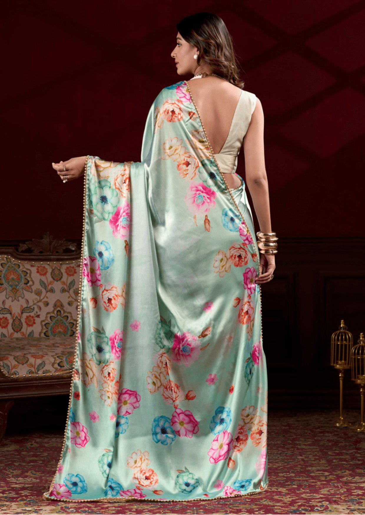 anaya mint blossom satin silk saree - yooneck