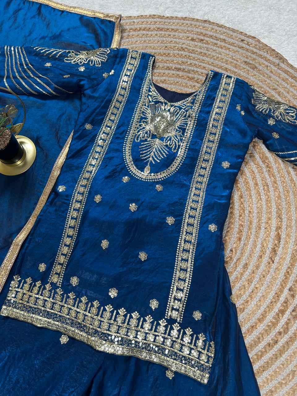 bluemoon embroidered silk kids plazzo set with dupatta - yooneck