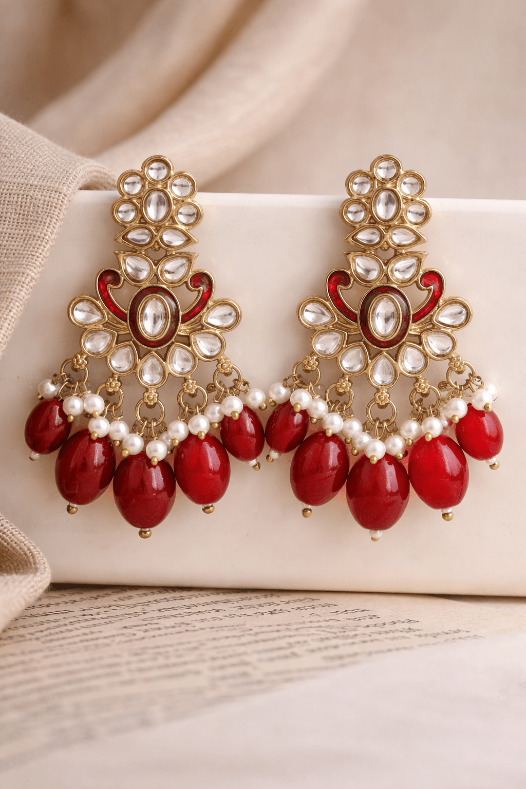 bhargavi kundan ruby pearl danglers - yooneck