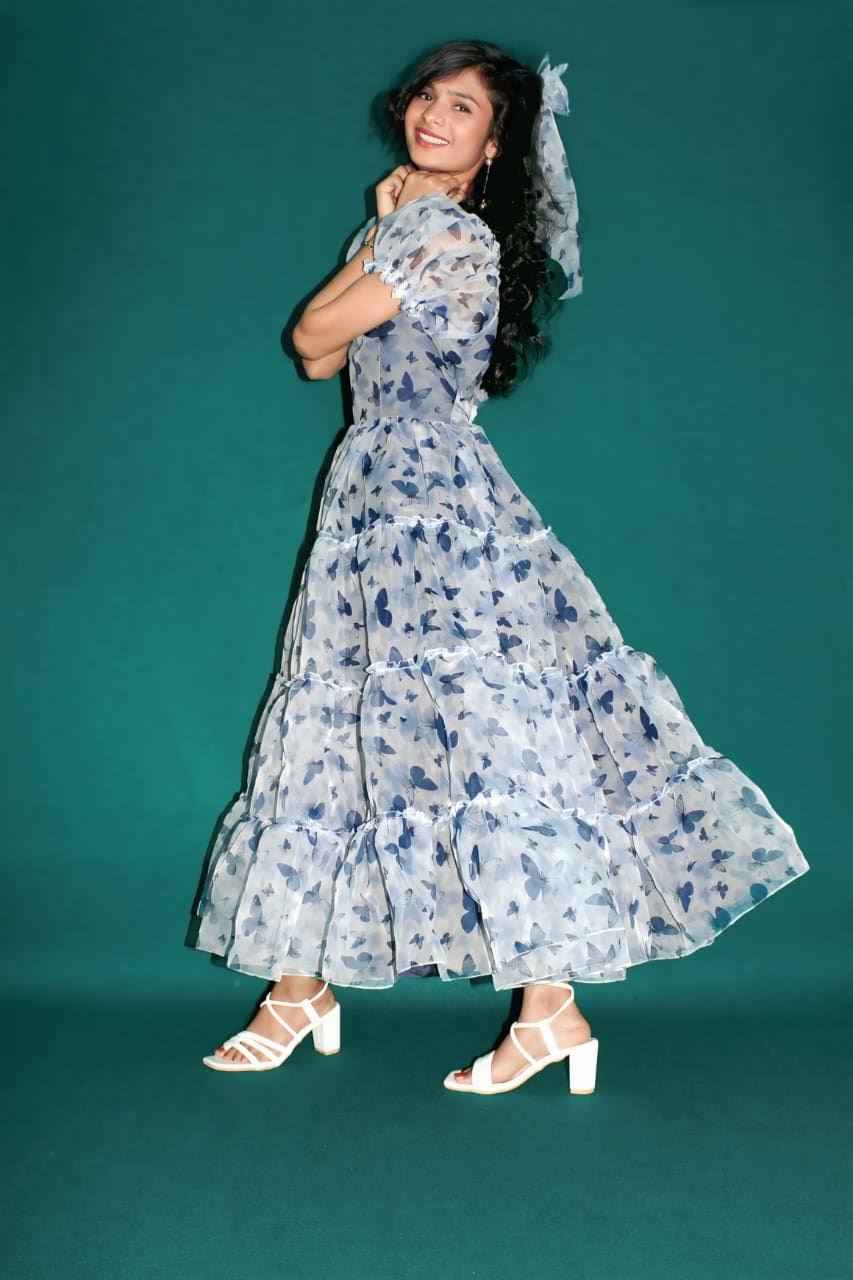 blue butterfly tiered dress - yooneck