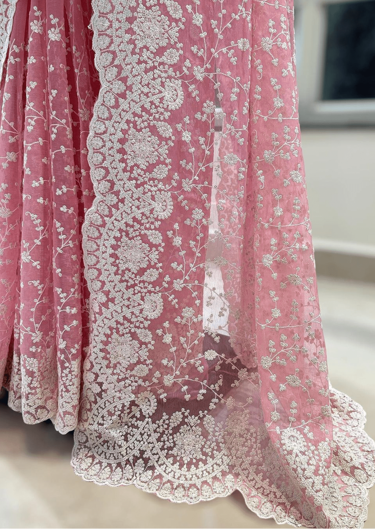 blush elegance pink embroidered net saree - yooneck