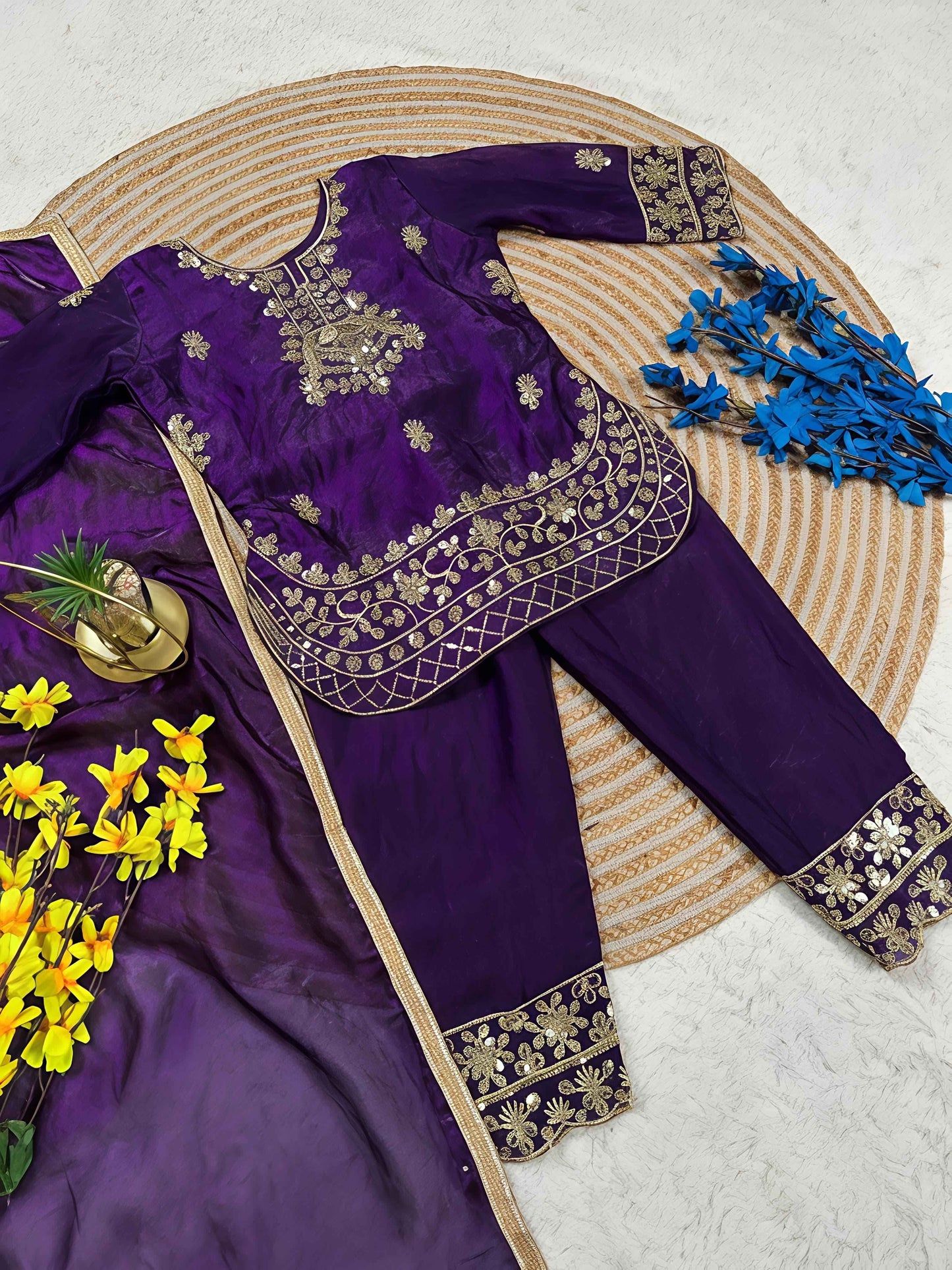 bulbul embroidered silk suit set - yooneck