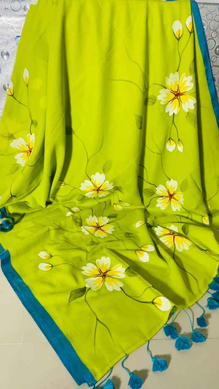 lime blossom premium mull cotton handprint saree - yooneck