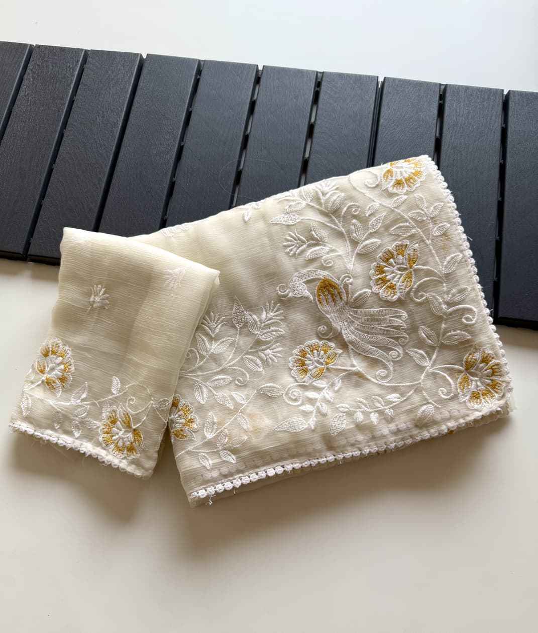 ivory gulnaar embroidered chiffon saree - yooneck