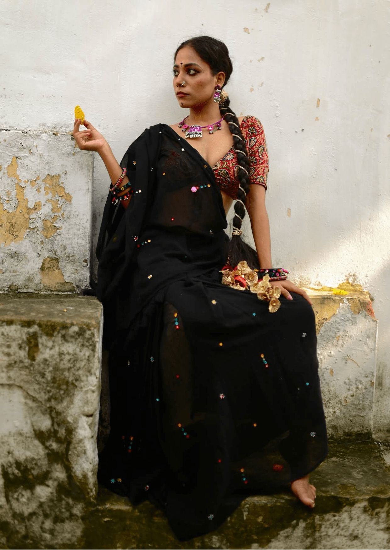 charulata noir pure mul cotton mirrorwork saree - yooneck