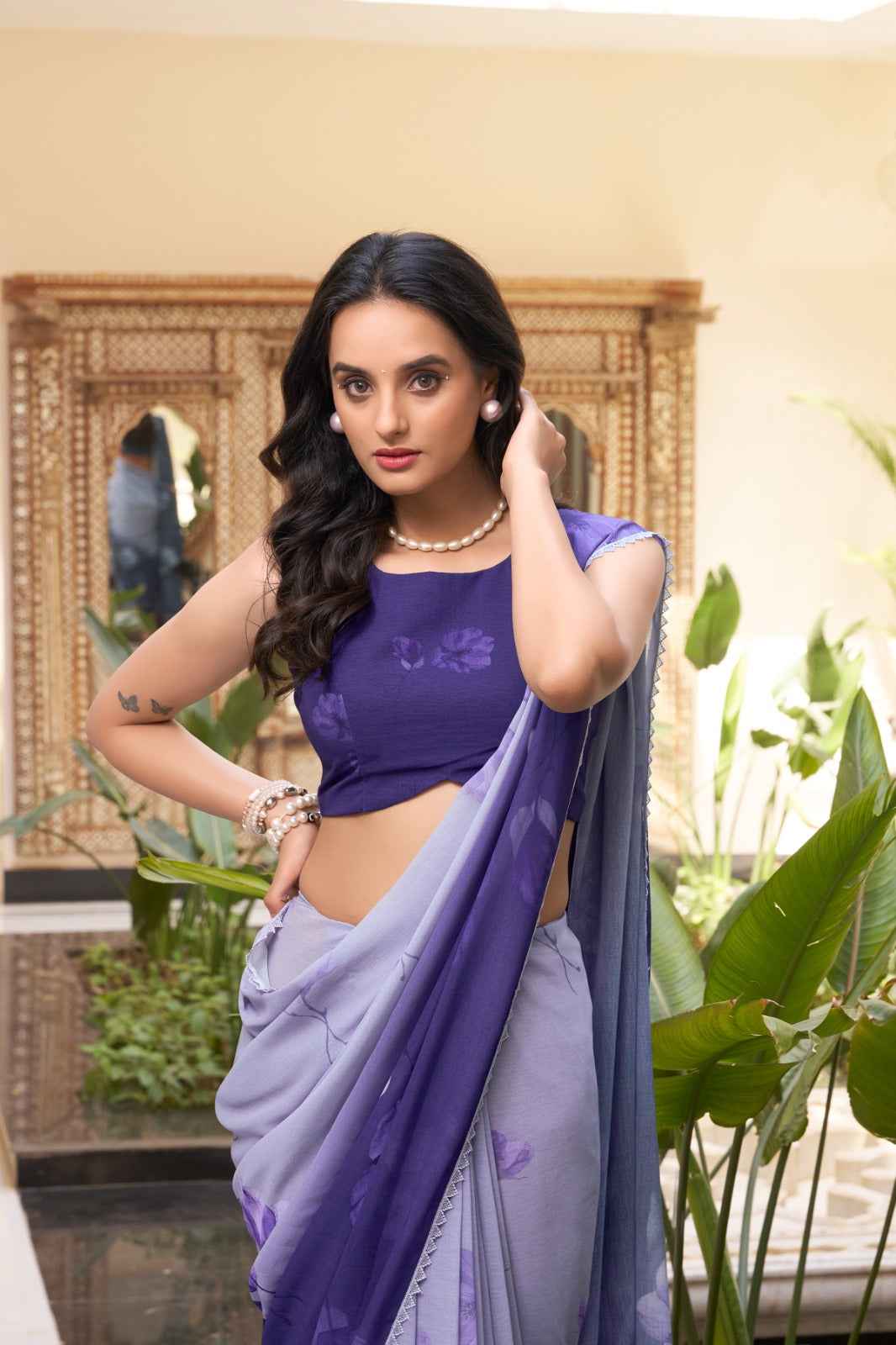 violet whisper floral soft georgette saree - yooneck